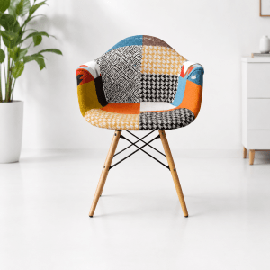 Modern Patchwork Accent Chair | Fabric Lounge Chair with Wooden Legs